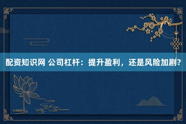 配资知识网 公司杠杆：提升盈利，还是风险加剧？